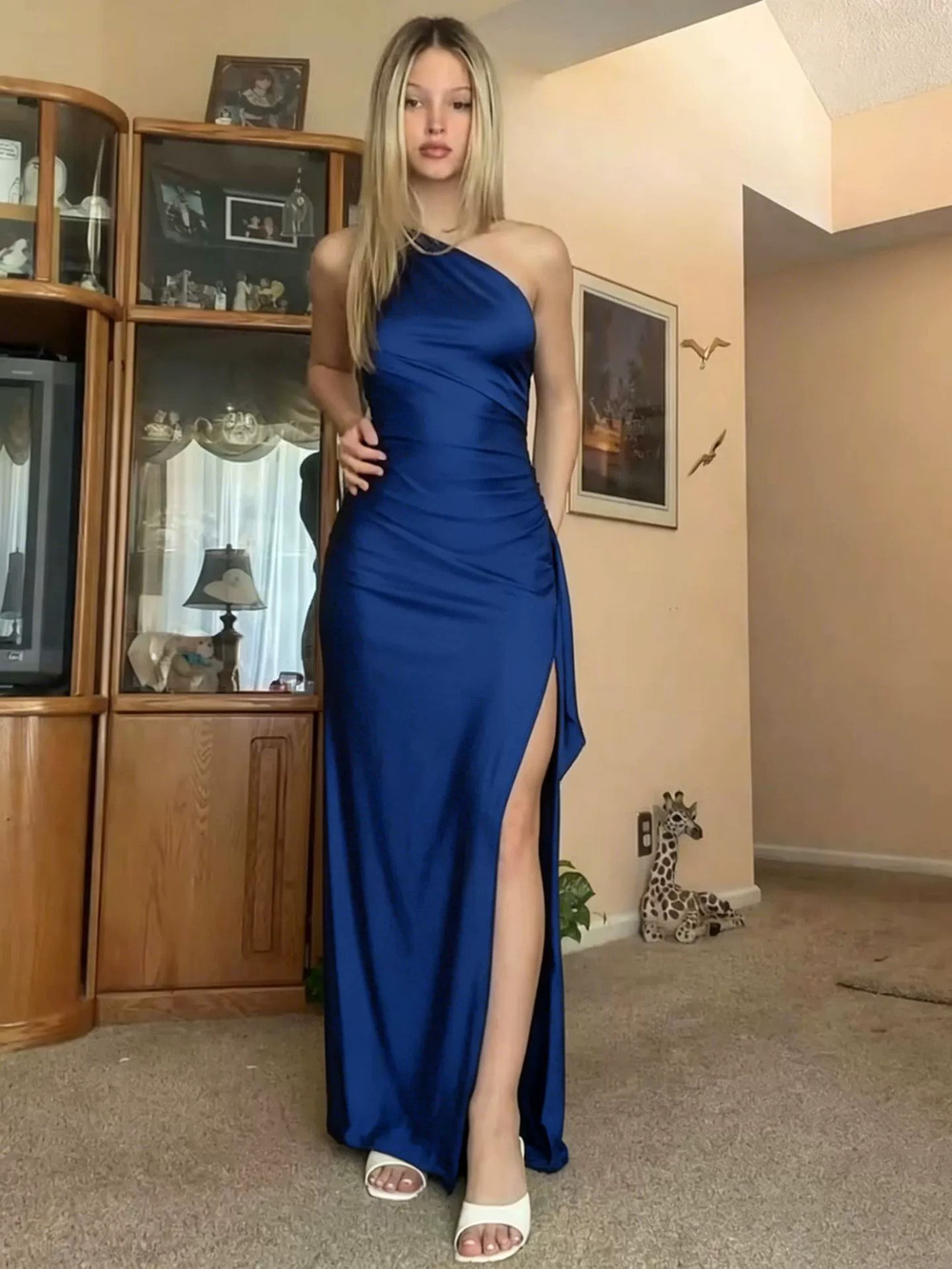 Zara Flowy Satin Split Maxi Bodycon Ruched Dress